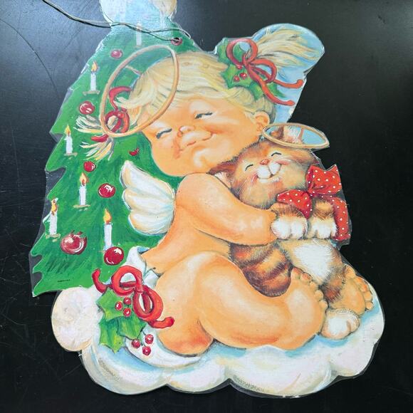 Vintage Eureka USA Baby Christmas Angel Kitty Cat Paper Cut Out 10x16" 2 Sided - Picture 2 of 12